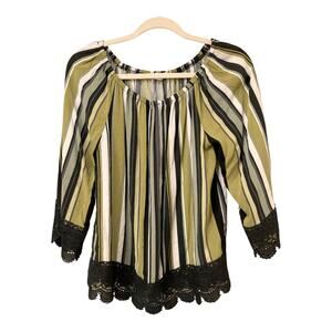 Est. 1946 Green and Black Striped Lace Trimmed Blouse Size M EUC
